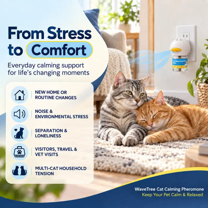 Wavetree Cat Calming Pheromone Diffuser Refill Kit (4 Pack, 120-Day Supply) - 48 Ml/Bottle Odorless Non-Toxic Fragrance Liquid, Stress Relief for Meowing & Pee Spraying during Environmental Changes, Ideal for Living Rooms - Tiktokshopbacktoschool