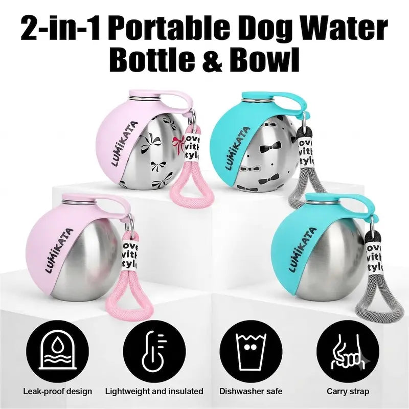 Lumikata 2-In-1 Portable Dog Water Bottle - 10Oz Stainless Steel, Silicone Foldable Bowl Mode, Leak-Proof Water Ball for Small Dog Walking, Pet Feeding Supplies, Water Bottles