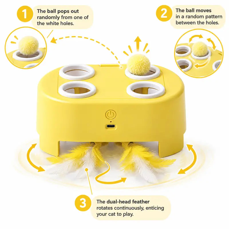 2-In-1 Interactive Cat Hunting Toy - Pop-Up Mice, Rotating Feather, USB-C Rechargeable - Prevents Indoor Boredom for Cats