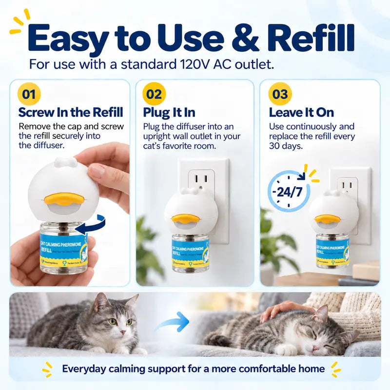 Wavetree Cat Calming Pheromone Diffuser Refill Kit (4 Pack, 120-Day Supply) - 48 Ml/Bottle Odorless Non-Toxic Fragrance Liquid, Stress Relief for Meowing & Pee Spraying during Environmental Changes, Ideal for Living Rooms - Tiktokshopbacktoschool