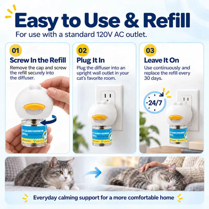 Wavetree Cat Calming Pheromone Diffuser Refill Kit (4 Pack, 120-Day Supply) - 48 Ml/Bottle Odorless Non-Toxic Fragrance Liquid, Stress Relief for Meowing & Pee Spraying during Environmental Changes, Ideal for Living Rooms - Tiktokshopbacktoschool