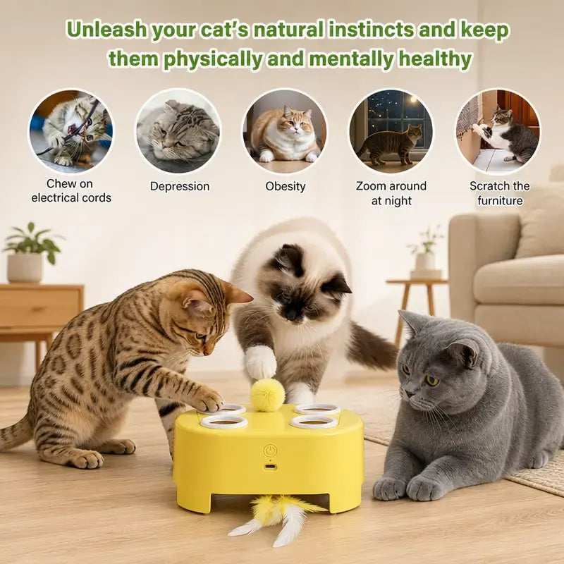 2-In-1 Interactive Cat Hunting Toy - Pop-Up Mice, Rotating Feather, USB-C Rechargeable - Prevents Indoor Boredom for Cats